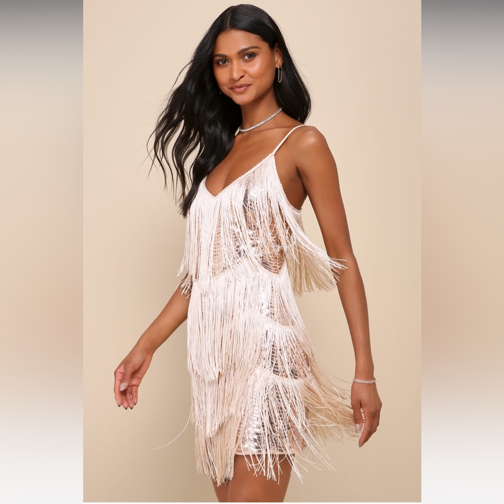 Lulus Get in the Groove Champagne Sequin Fringe Bodycon Dress